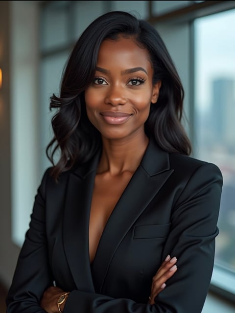 Professional woman in black blazer with arms crossed, smiling at camera in modern office setting with city skyline visible in background.