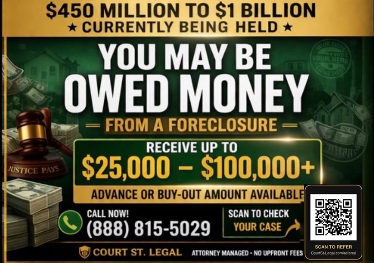 Advertisement for potential foreclosure settlement money offering $25,000-$100,000+ with contact number 888-815-5029