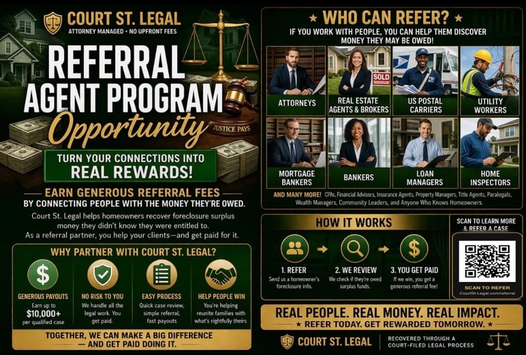 Court St. Legal referral agent program promotional flyer showing how to earn fees for referring professionals like attorneys, real estate agents, and bankers.